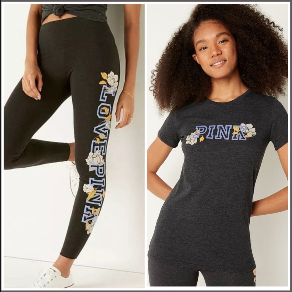 Victoria's Secret Pink Floral Campus SS Tee Shirt + Leggings Set Lilac Logo XXL